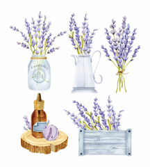 Lavender bouquets in jug, jar and wooden box. Watercolor Provence spa elements