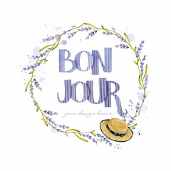 Lavender wreath with bon jour lettering watercolor clipart 