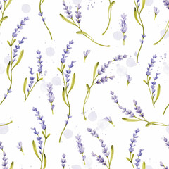 Lavender flowers watercolor seamless pattern on watercolor splashes background © Uli Prozorova