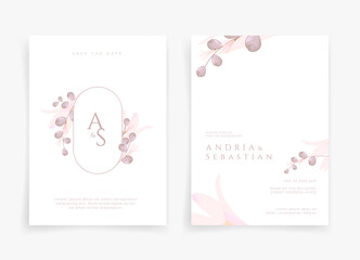 White wedding card or invitation card with pink flower and leaf theme front side and backside. Nature wedding card. Nature cover. Wedding card template.
