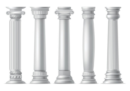 Antique columns, realistic icon set. Classic stone pillars of roman or greece architecture with twisted and groove ornament for facade design