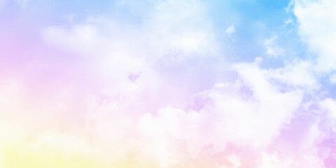 Fototapeta na wymiar Sun and clouds background with a soft pastel color. Fantasy magical sunny sky pastel background with colorful cloudy sky, fluffy white cloud. Freedom concept. Vector illustration.