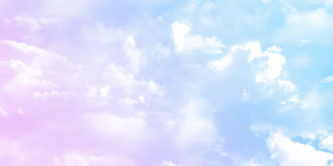 Sun and clouds background with a soft pastel color. Fantasy magical sky pastel background with colorful cloudy sunny sky, fluffy white cloud. Freedom concept. illustration.