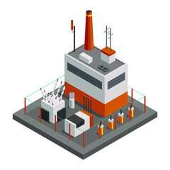 Energy power grid isometric. Power distribution element with electric transformer and new power station. Electric transmission network providing energy supply