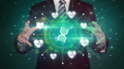 Hand holding healthcare icons concept concept