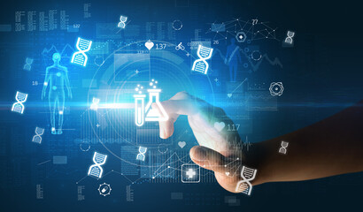 Doctor hand pressing futuristic health device with medical symbol on screen