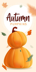 Banner autumn with illustration of realistic pumpkins and flying leaves.