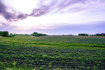 Old rural farm in spring with beautiful clouds