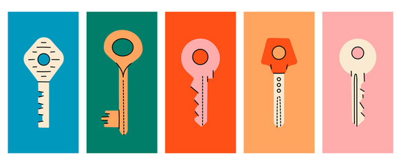 Set of various house keys. Colored posters with hand drawn house keys. Different door keys isolated on colored background. Home security illustration - 517340294
