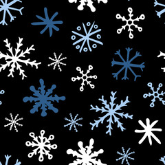 Naklejka na ściany i meble Seamless Pattern with White and Blue Snowflakes on Black Background. Abstract Hand-Drawn Doodle Snowflakes.