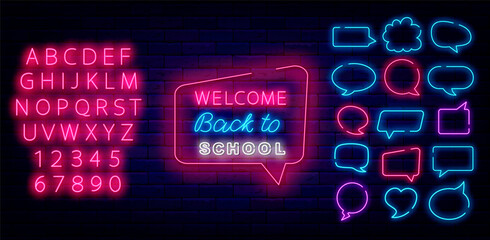 Welcome back to school neon label. Talk frame. Speech bubbles collection. Shiny pink alphabet. Vector illustration