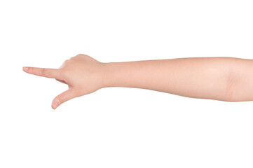 Fototapeta premium Woman hand pointing something isolated on white background.