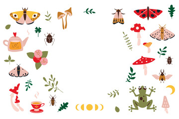 Obraz na płótnie Canvas Frame with forest items like butterflies, mushrooms, plants, cartoon style. Cottagecore, goblincore aesthetics. Trendy modern vector illustration, hand drawn