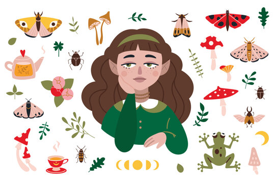Beautiful elf girl and forest items like butterflies, mushrooms, plants, cartoon style. Cottagecore, goblincore aesthetics. Trendy modern vector illustration, hand drawn