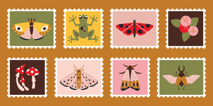 Set of cute hand-drawn post stamps with butterflies, mushrooms, moth, frog. Trendy modern vector illustartions in Cartoon Flat design. Mail and post office drawing. Cottagecore aesthetics.