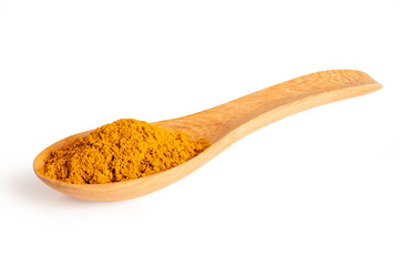 Turmeric powder in wooden spoon isolated on white background.