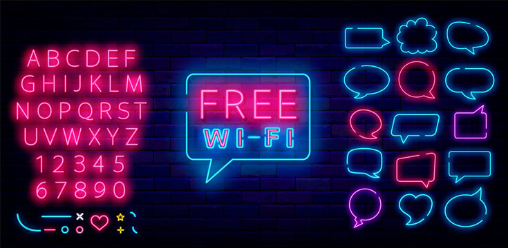 Free wifi neon sign. Glowing internet label for cafe and bar. Shiny pink alphabet. Vector stock illustration