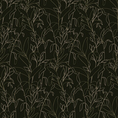 Seamless pattern with outline herbs in vintage style. Elegant botanical background with wild herbs, leaves on branches. Natural print with sketch plants on a dark field. Vector illustration.