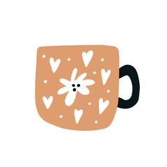Single brown ceramic coffee or tea cup with ornament isolated on a white background. Hand drawn flat vector illustration in childish style. Graphic element for your t shirt, greeting design.