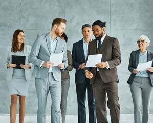 Fototapeta premium young business people meeting office teamwork group success corporate senior mature colleague together partner lobby