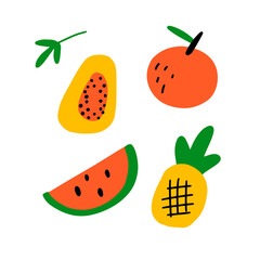 Set of colorful tropical fruits. Vector graphic ellements for poster, postcard, t shirt design. Hand drawn illustrations in doodle style. Collection of summer food