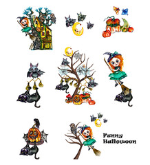 Watercolor cute halloween compositions set.Halloween funny collection with Hand drawn illustrations of witch,black cat,raven,owl,pumkin,spider,bat,moon,tree,mushrooms,fairy house. Cartoon happy
