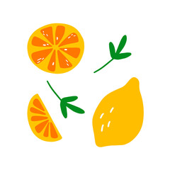 Set of yellow lemon with slices and leaves. Vector graphic ellements for poster, postcard, t shirt design. Hand drawn illustrations in flat simple style.