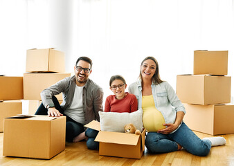 child family box home house moving happy apartment pregnant mother father daughter relocation new...