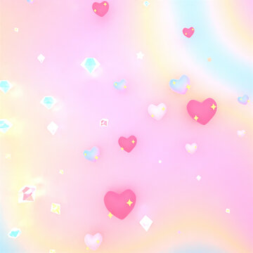 3d rendered hearts and diamonds on soft pastel wavy rainbow pattern background.