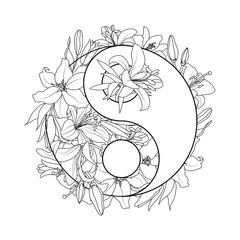 Yin Yang symbol floral vector illustration isolated on white background. Design for postcards, covers.