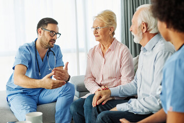 nurse doctor senior couple care caregiver help assistence retirement home nursing elderly man woman insurance