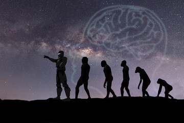 Human evolution, natural selection, from monkeys to modern humans, spaceman. Anthropology and genetic heritage, against the background of the starry sky, milky way - obrazy, fototapety, plakaty