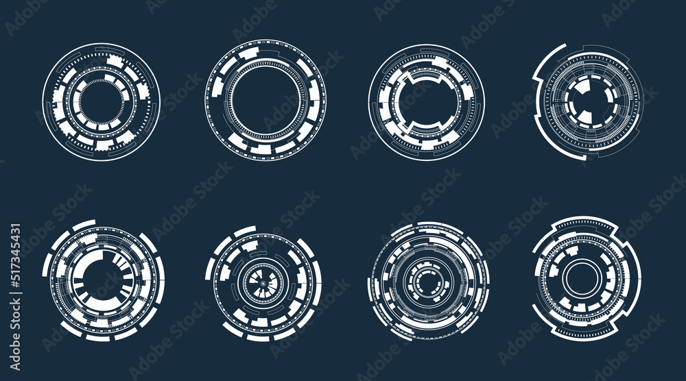 Poster Set of User Interface HUD futuristic style.Abstract circles, geometric shapes, advanced technology segmentation, digital technology on a dark blue background.