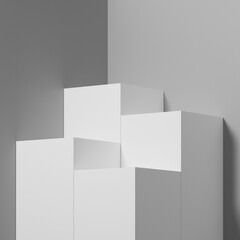 Abstract white cubic pedestal podium, Product display podium in room, 3d rendering studio with geometric shapes, Cosmetic product minimal scene with platform, Stand to show products background
