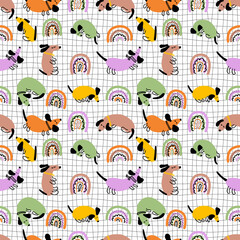 Hippie aesthetic seamless pattern with dachshunds and rainbows. Groovy background for T-shirt, poster, card and print. Doodle illustration for decor and design.
