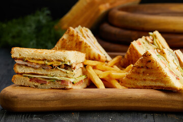 Sandwich with French fries, chicken sandwich with potatoes