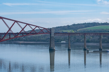 Landscape view of Queensferry Crossing railway bridge on a nice spring day 
