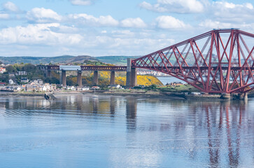 Landscape view of Queensferry Crossing railway bridge on a nice spring day 
