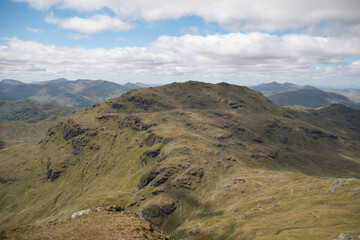 View of the mountains in the Scottish Trossachs National Park. Beautiful Scottish mountainous scenery in summer 