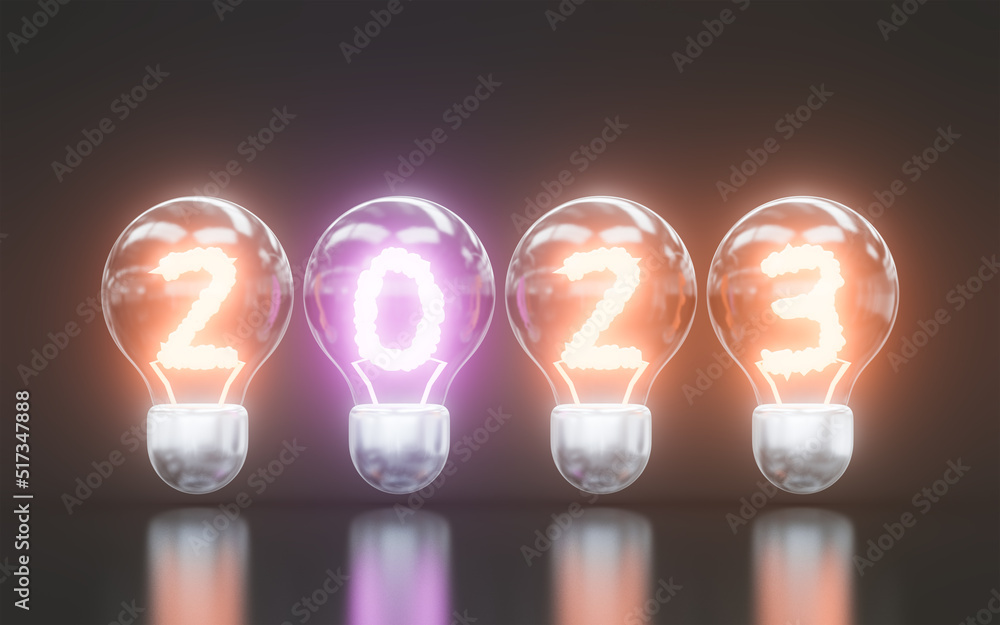 Poster happy new year 2023 inside glowing colorful lightbulb on dark background 3d render concept