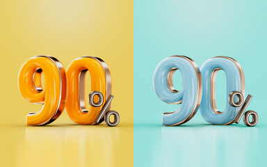90 percent discount offer with two different glossy color orange and cyan 3d render concept