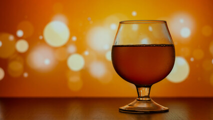 a glass with a wine on the orange background with bokeh circles