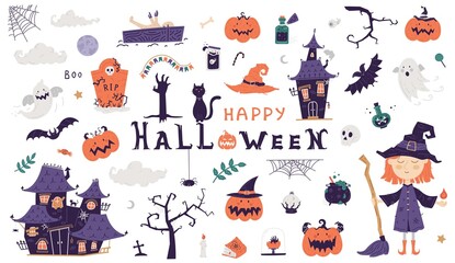 Happy Halloween kids set with cute design elements. Collection: witch, houses, ghosts, pumpkins, various attributes of halloween. Suitable for cards, fabrics, textiles, posters, anniversaries.