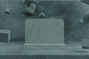 abstract background. granite gray slab for placing products or text around which flying cubes on a gray granite background. 3d illustration. 3d render