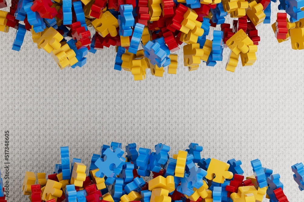 Poster abstract background. small multi-colored puzzle pieces of various shapes on the sides of a white tex