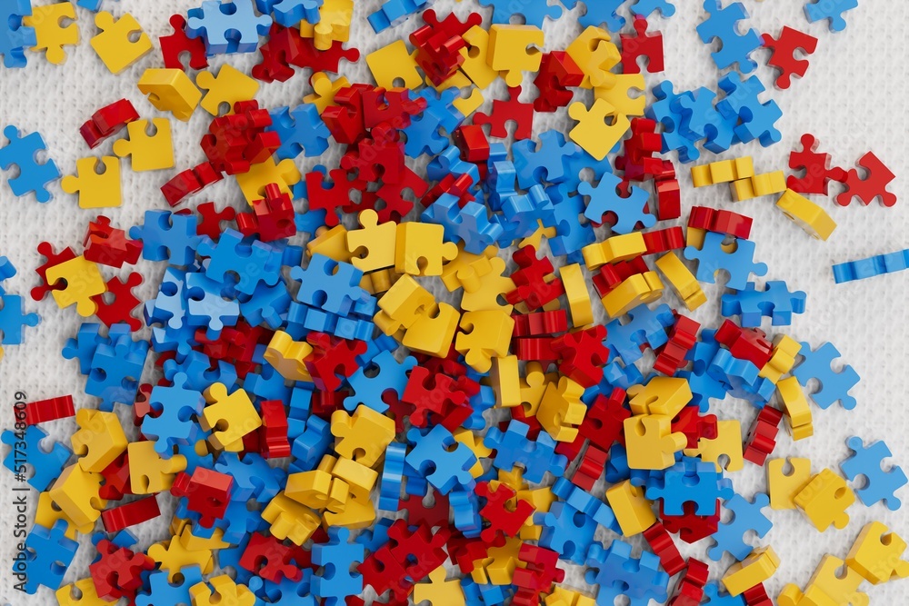 Poster many small multi-colored puzzle pieces of different shapes on a white background. 3d render. 3d illu