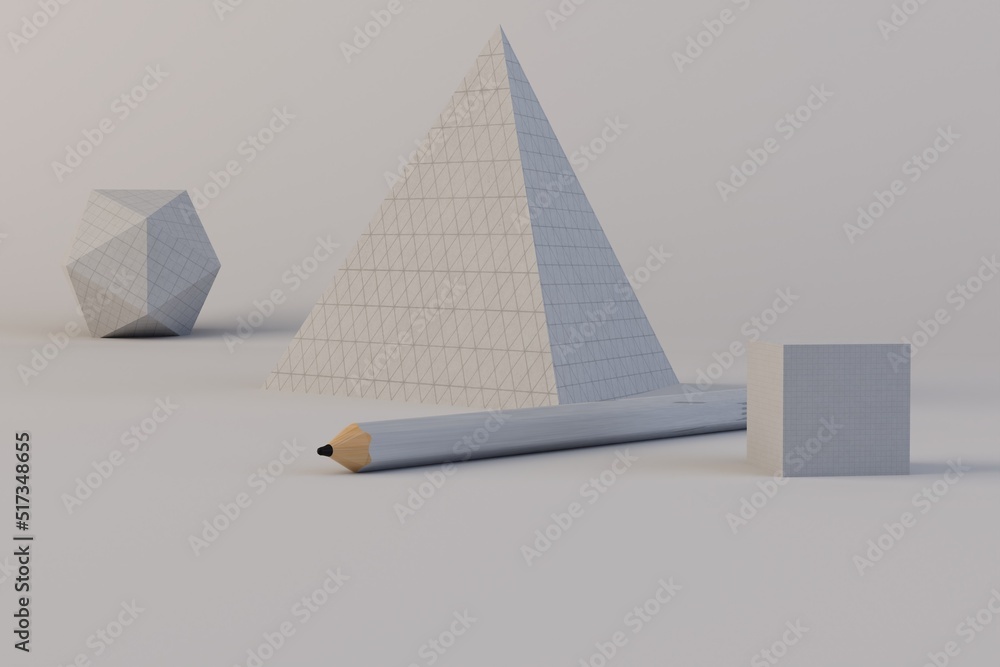 Aufkleber geometric shapes made of paper with shadows and a simple pencil on a white background. 3d illustrati