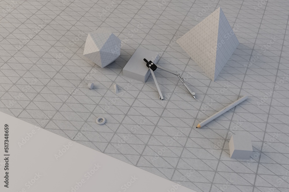 Poster geometric shapes made of paper with shadows, a simple pencil and a compass on a white textural backg