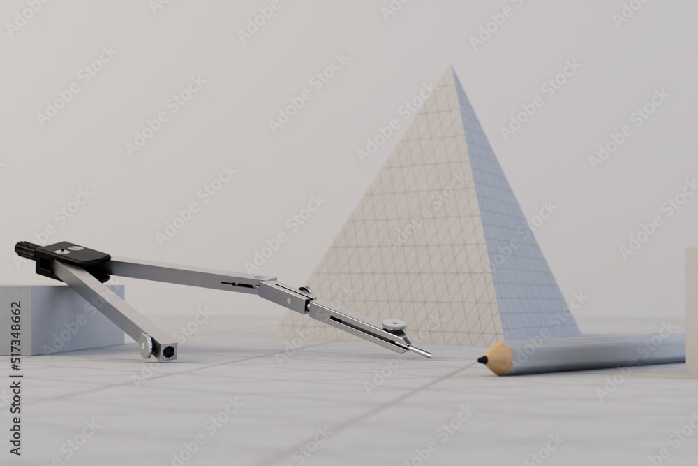 Aufkleber geometric shapes made of paper with shadows, a simple pencil and a compass on a white textural backg