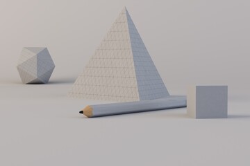 geometric shapes made of paper with shadows and a simple pencil on a white background. 3d illustration. 3d render